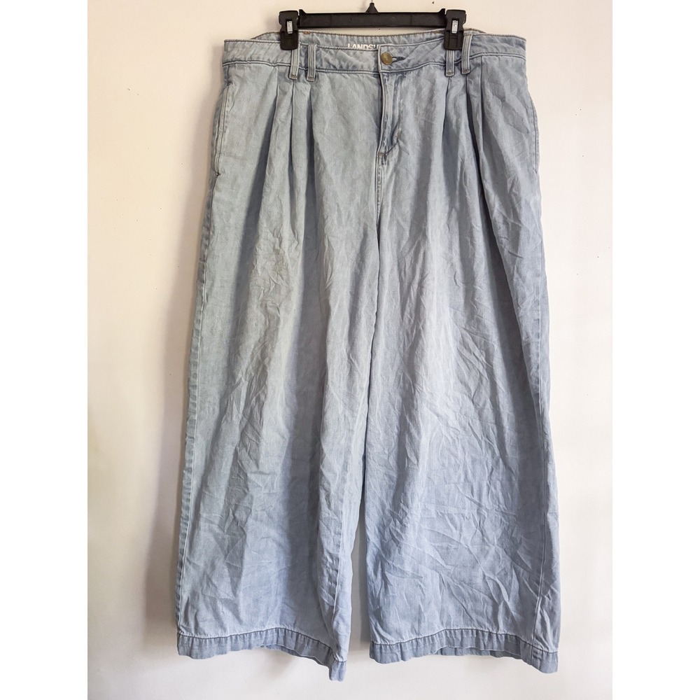 Lands End Pleated Denim Balloon Leg Pants Light Wash Blue Cotton Petite 18